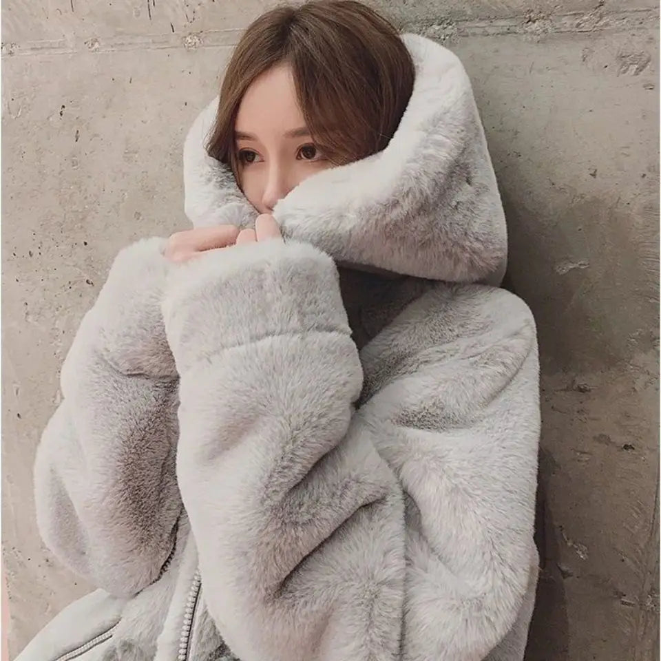 2024 New Coat Women's Autumn and Winter Loose Plush  Faux Rabbit Fur Hooded Cardigan Women Casual Fashion Medium Length Fur Coat