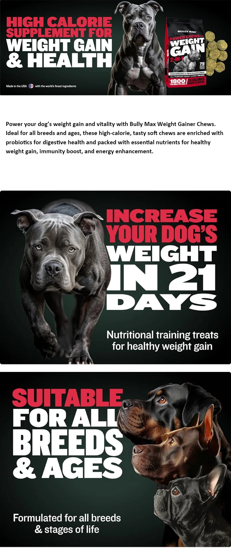 2X BULLY MAX Power Chews For Dogs, Increase Strength, Muscle, Weight Gain 2-in-1 Performance Health Supplement Weight Gainer